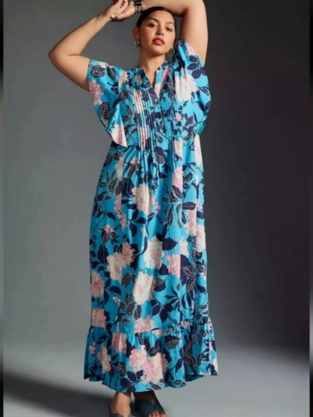Maeve Anthropologie Cassandra Blue Floral Maxi Dress Women’s XL Flutter Sleeve